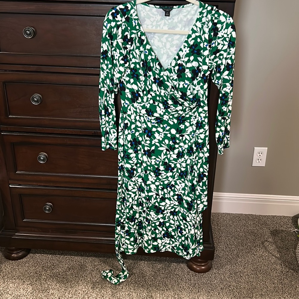 Green and navy blue wrap dress